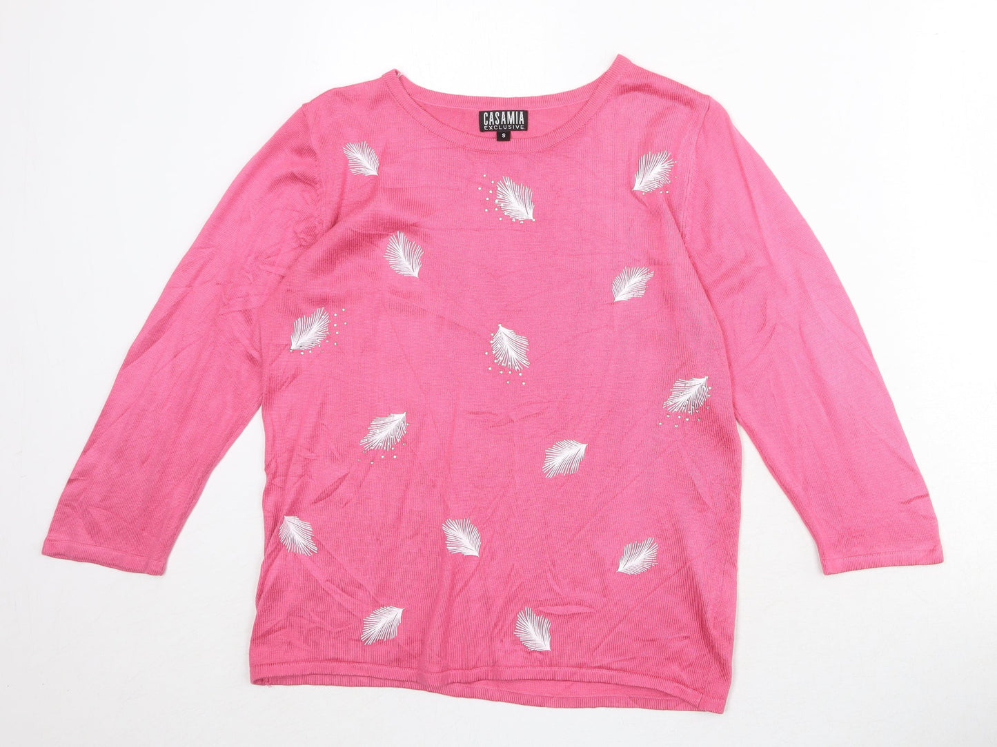 CASAMIA Womens Pink Round Neck Geometric Acrylic Pullover Jumper Size S - Feathers Print