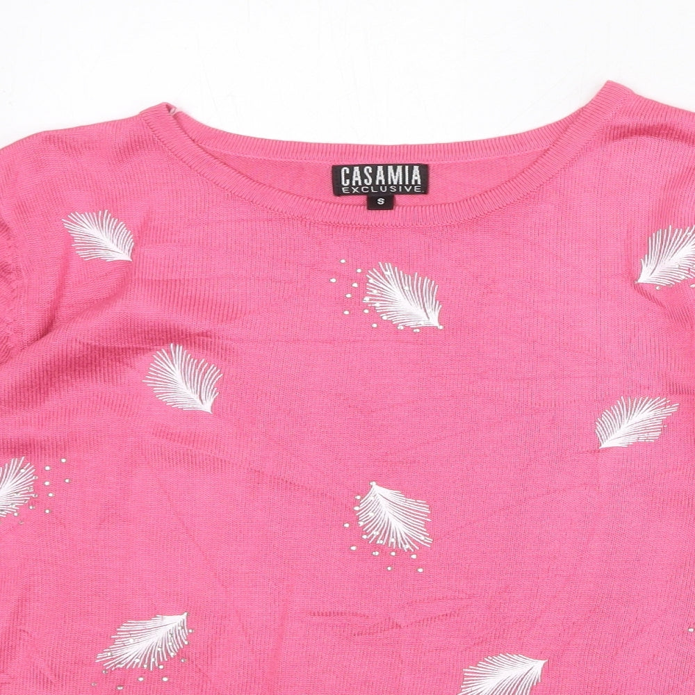 CASAMIA Womens Pink Round Neck Geometric Acrylic Pullover Jumper Size S - Feathers Print