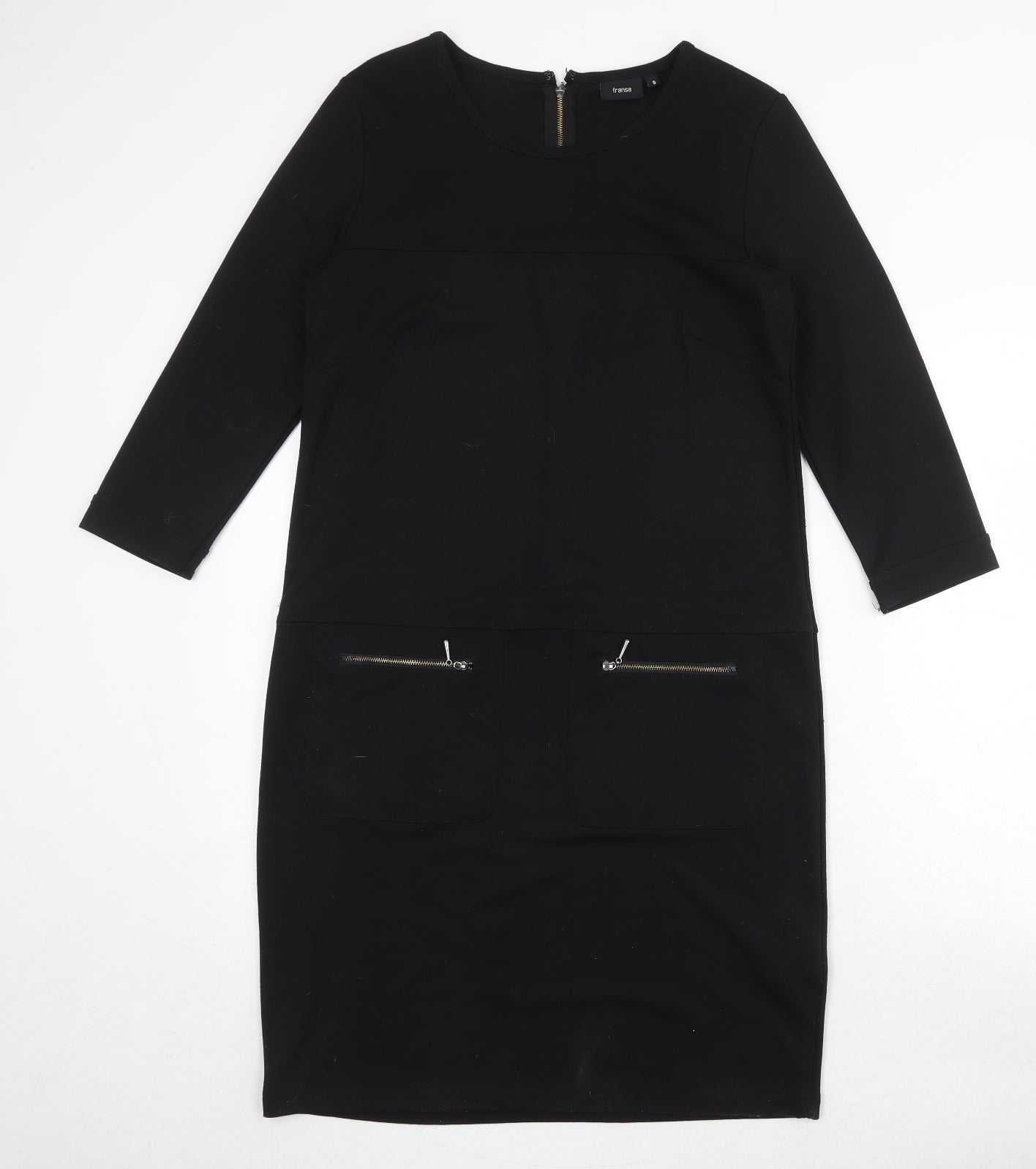 Fransa Womens Black Polyester A-Line Size S Round Neck Zip