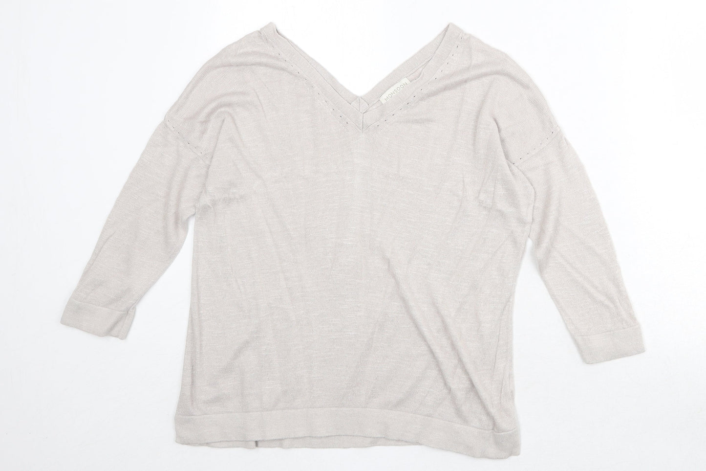 Monsoon Womens Beige V-Neck Acrylic Pullover Jumper Size S