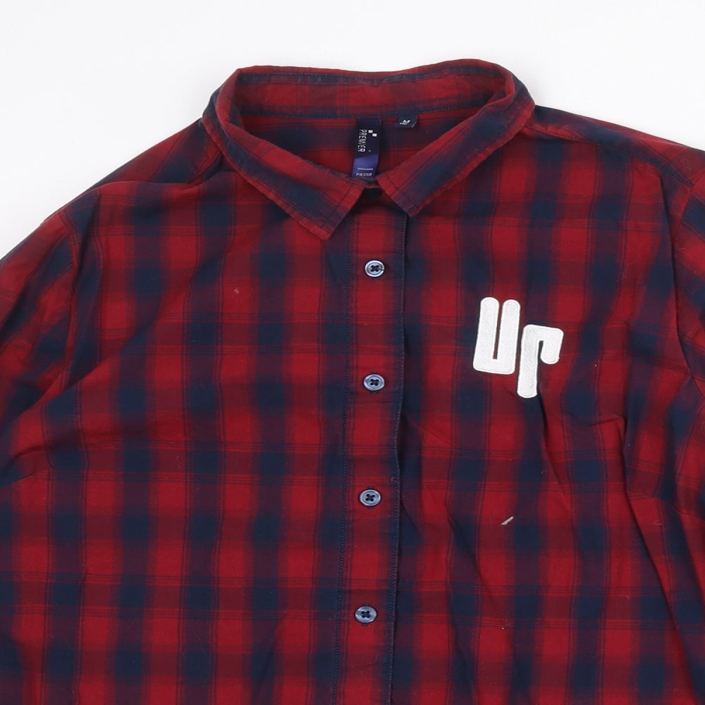 Premier Boys Red Plaid 100% Cotton Pullover Button-Up Size M Collared Button