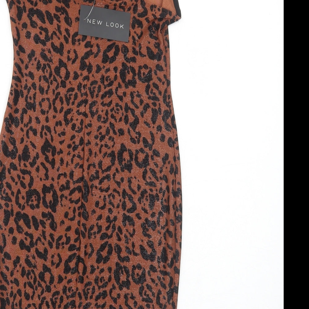 New Look Womens Brown Animal Print Polyester Mini Size 8 Square Neck Pullover - Leopard Print