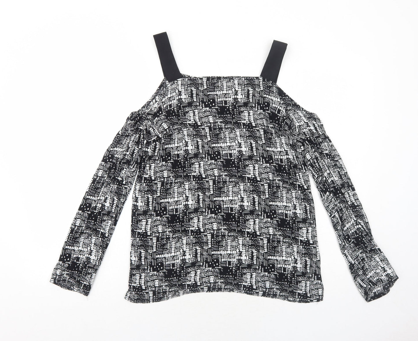 Sparkle & Fade Womens Black Geometric Viscose Basic Blouse Size M Square Neck - Cold Shoulder