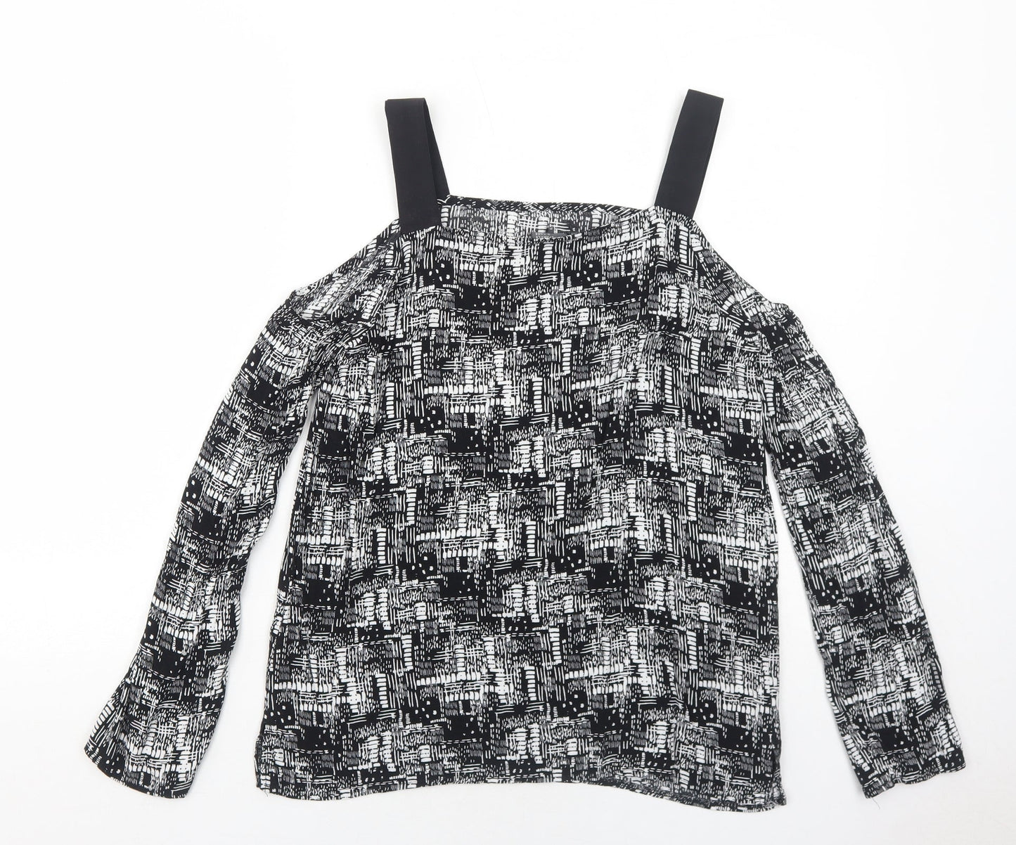 Sparkle & Fade Womens Black Geometric Viscose Basic Blouse Size M Square Neck - Cold Shoulder