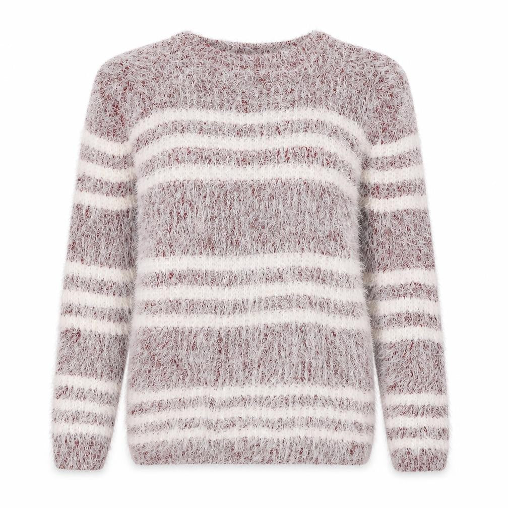 Koopoi Womens White Round Neck Striped Cotton Pullover Jumper One Size