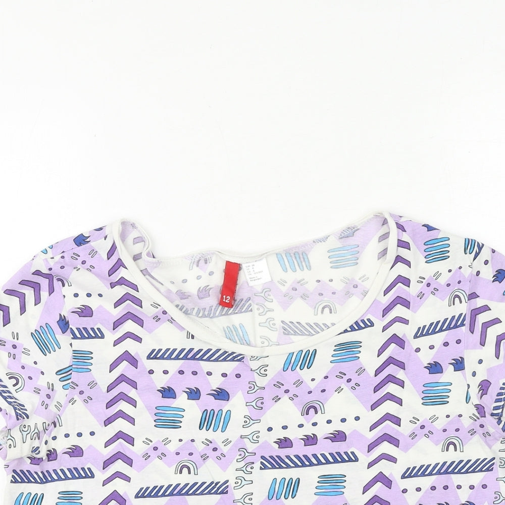 H&M Womens Purple Geometric 100% Cotton Basic T-Shirt Size 10 Round Neck