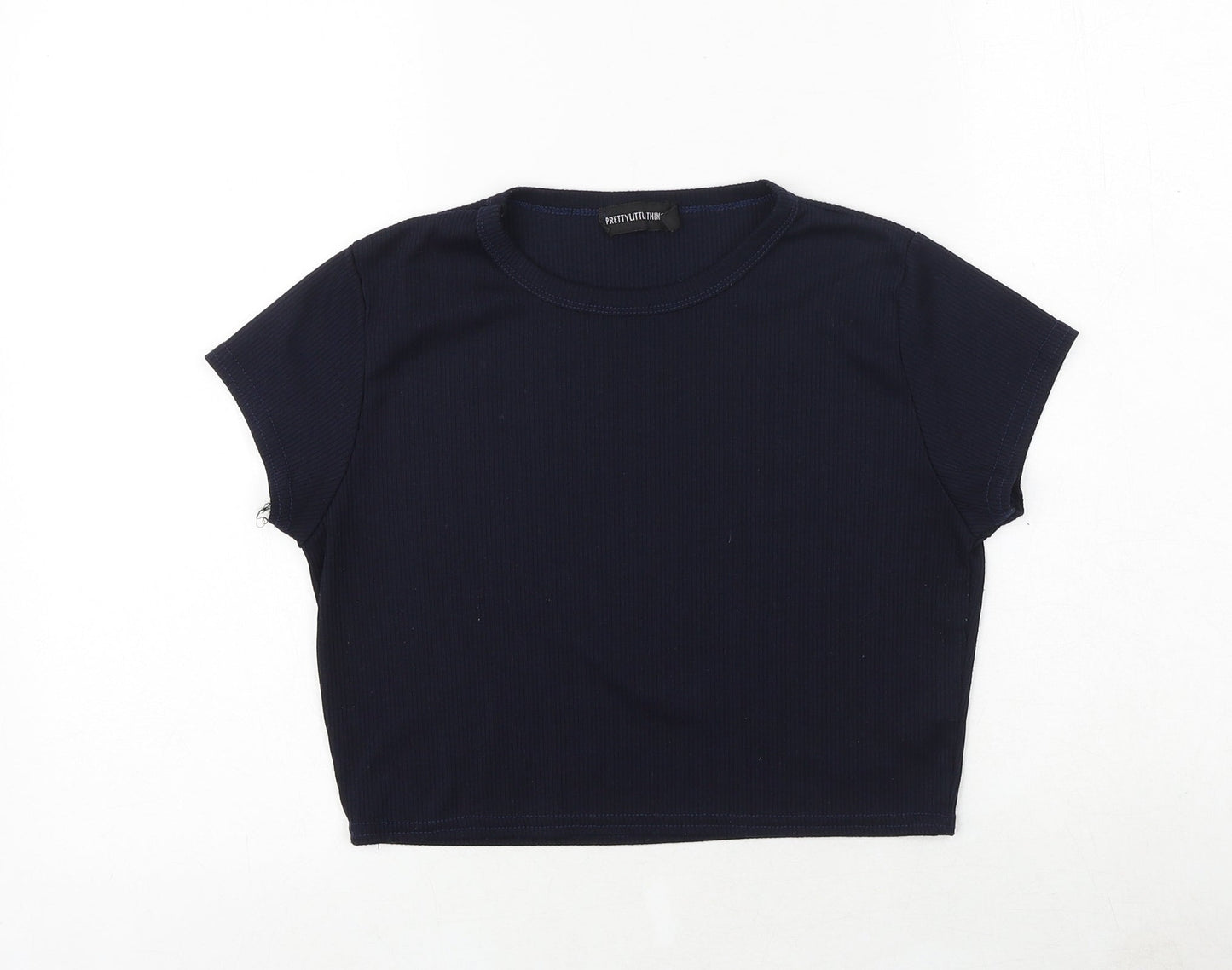 PRETTYLITTLETHING Womens Blue Polyester Cropped T-Shirt Size 14 Crew Neck