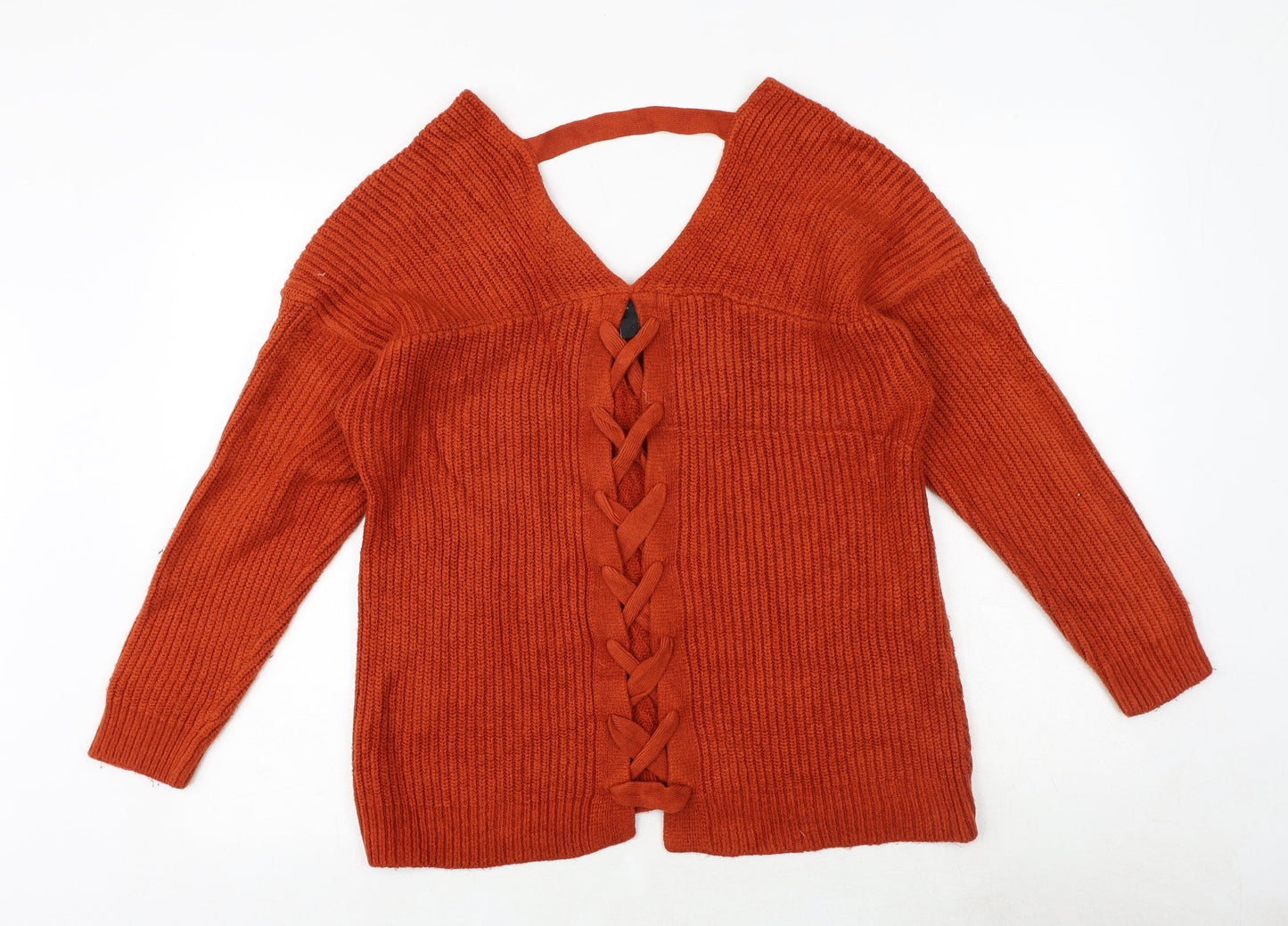 New Look Womens Orange V-Neck Acrylic Pullover Jumper Size S