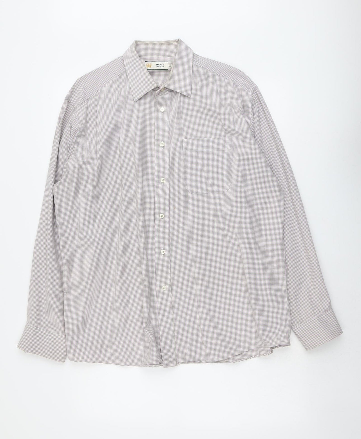 Marks and Spencer Mens Pink Check Polyester Button-Up Size 16.5 Collared Button