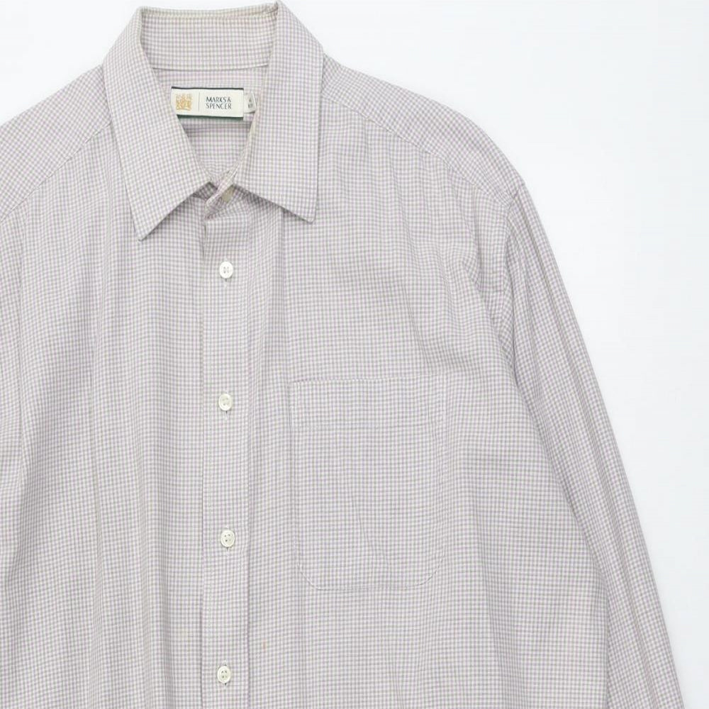 Marks and Spencer Mens Pink Check Polyester Button-Up Size 16.5 Collared Button