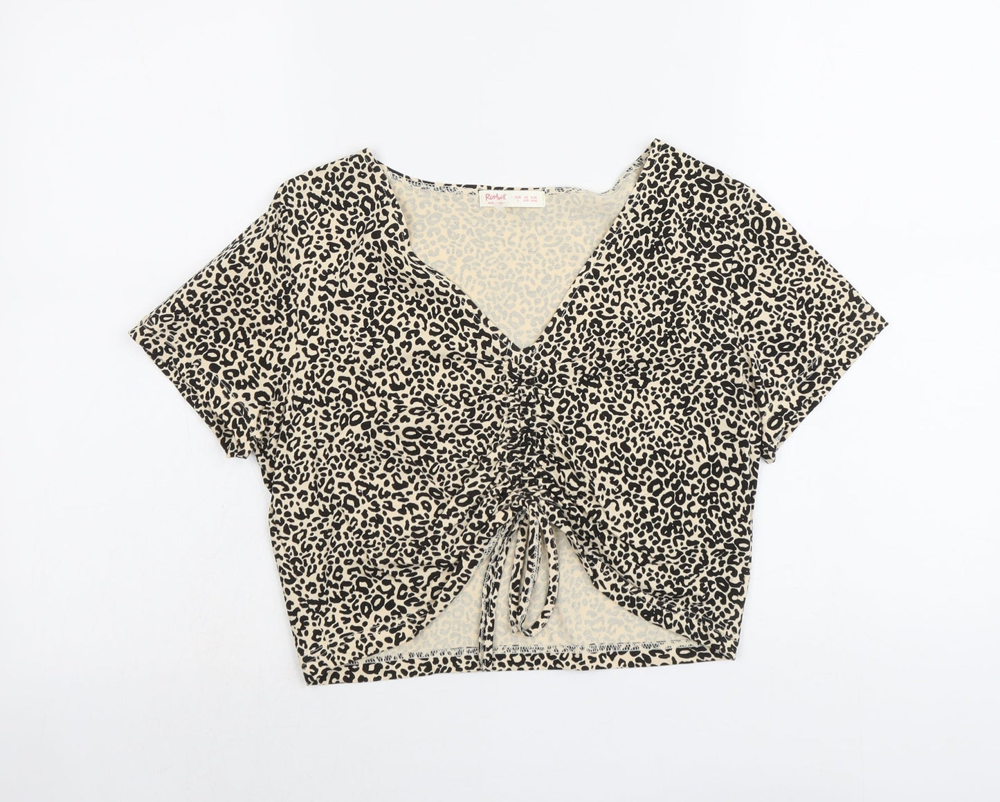 ROMWE Womens Beige Animal Print Cotton Cropped T-Shirt Size L V-Neck - Leopard Print