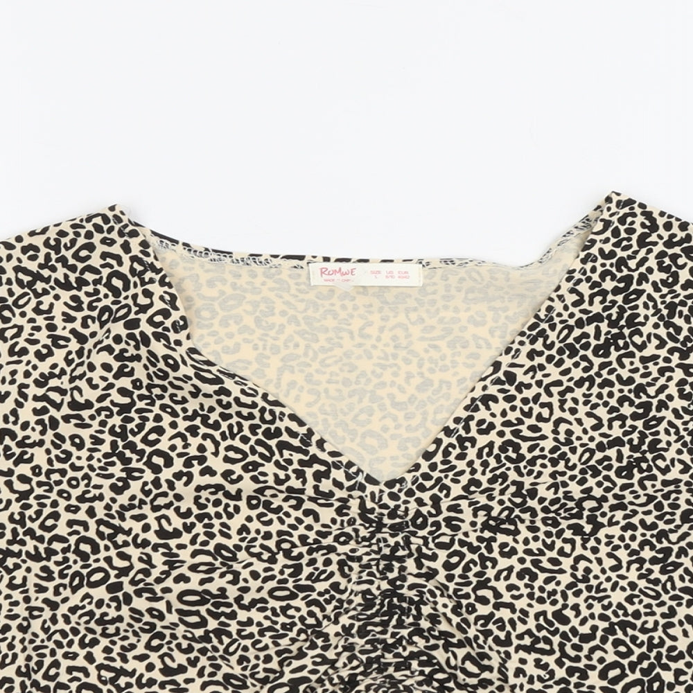 ROMWE Womens Beige Animal Print Cotton Cropped T-Shirt Size L V-Neck - Leopard Print