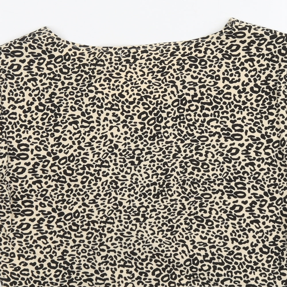 ROMWE Womens Beige Animal Print Cotton Cropped T-Shirt Size L V-Neck - Leopard Print