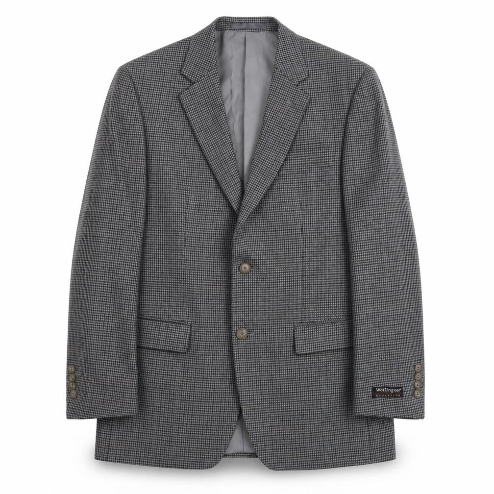 Front view of Wellington men’s grey houndstooth polyester jacket suit jacket, size L, regular