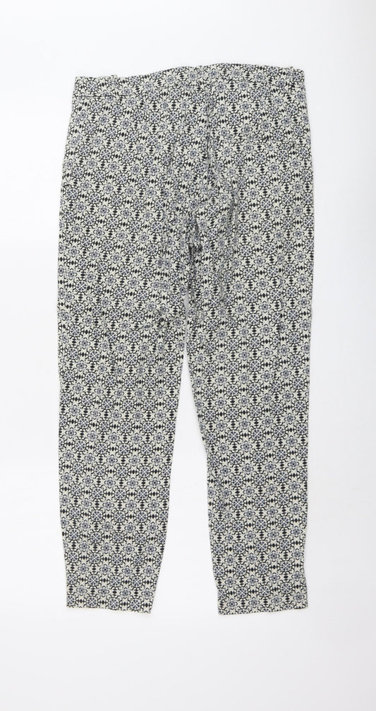 H&M Womens Black Geometric Cotton Trousers Size 10 L25 in Regular Button
