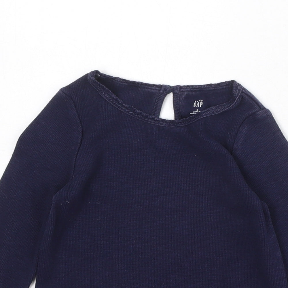 Gap Girls Blue Cotton Basic T-Shirt Size 5 Years Boat Neck Button