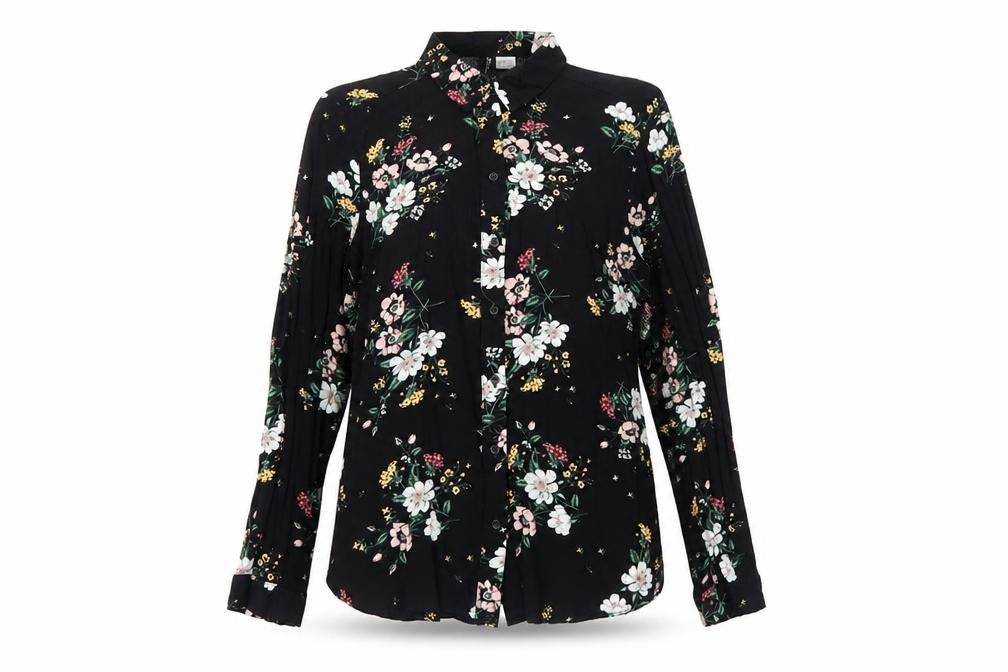 H&M Womens Black Floral Viscose Basic Button-Up Size 6 Collared