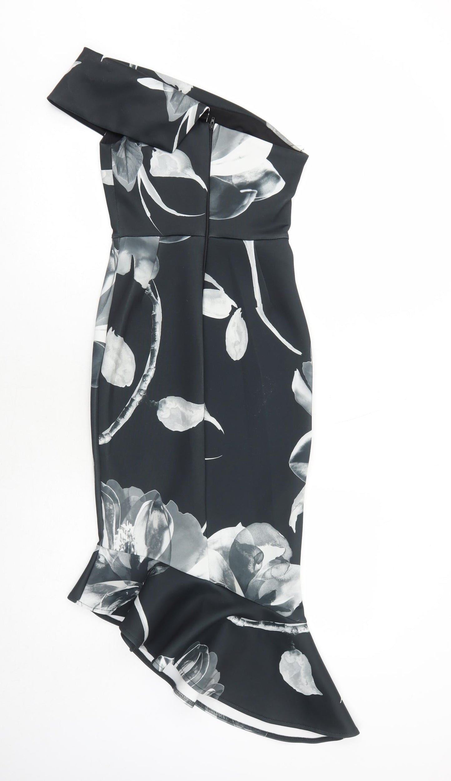 ASOS Womens Black Floral Polyester Bodycon Size 4 One Shoulder Zip