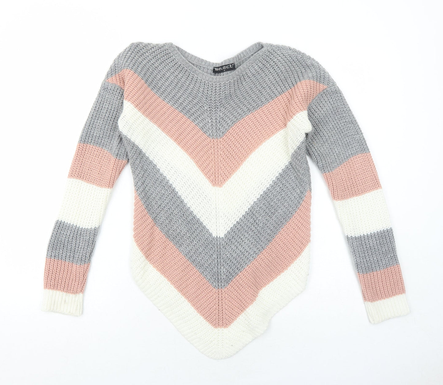 Select Womens Grey Round Neck Striped Acrylic Pullover Jumper Size S