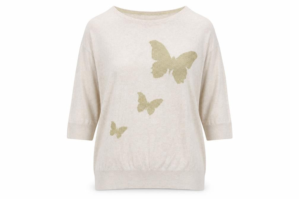Wallis Womens Beige Round Neck Cotton Pullover Jumper Size M - Butterfly