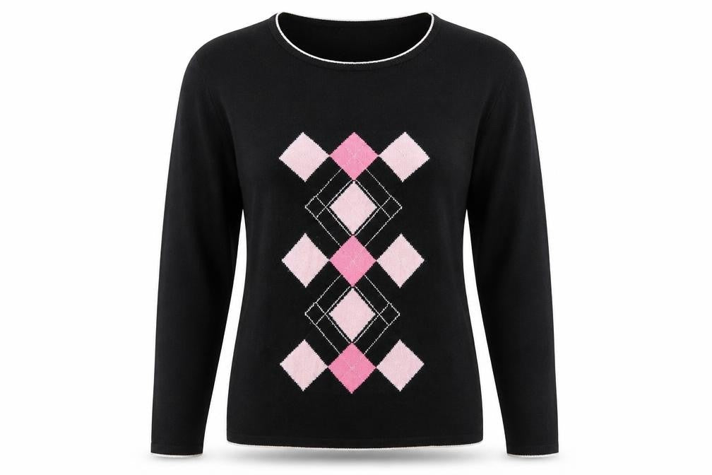 Merien Hall Womens Black Round Neck Argyle/Diamond Acrylic Pullover Jumper Size L