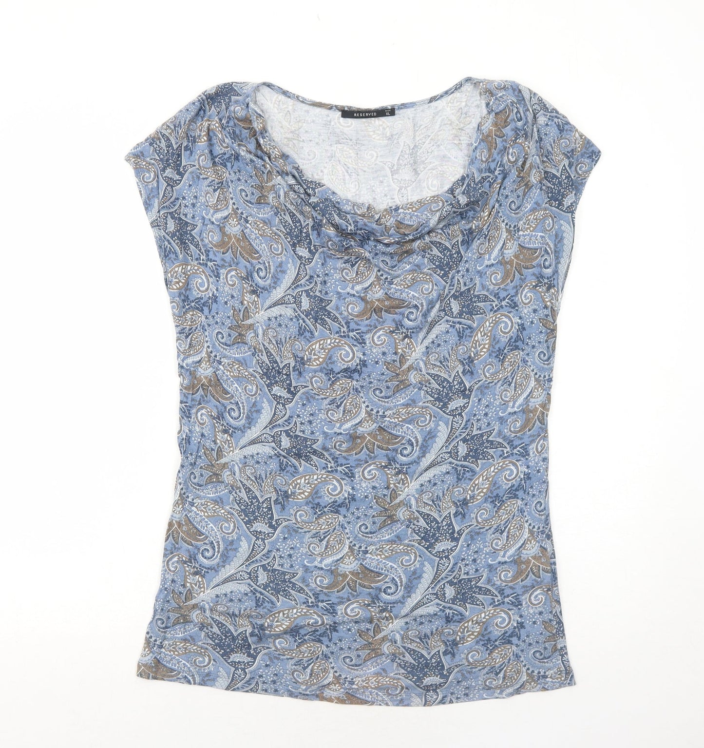 RESERVED Womens Blue Paisley Viscose Basic T-Shirt Size XL Cowl Neck