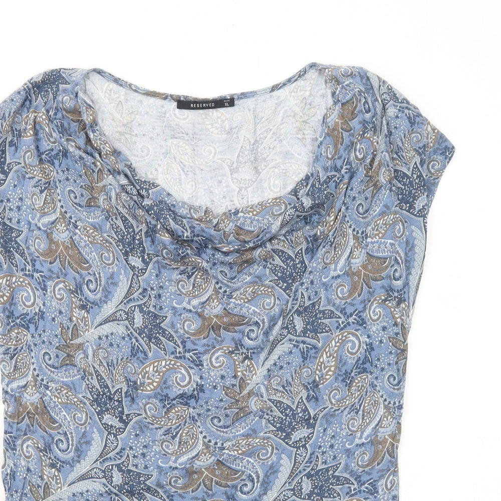 RESERVED Womens Blue Paisley Viscose Basic T-Shirt Size XL Cowl Neck