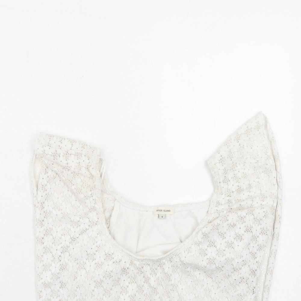 River Island Womens White Geometric Nylon Basic Blouse Size 8 Round Neck