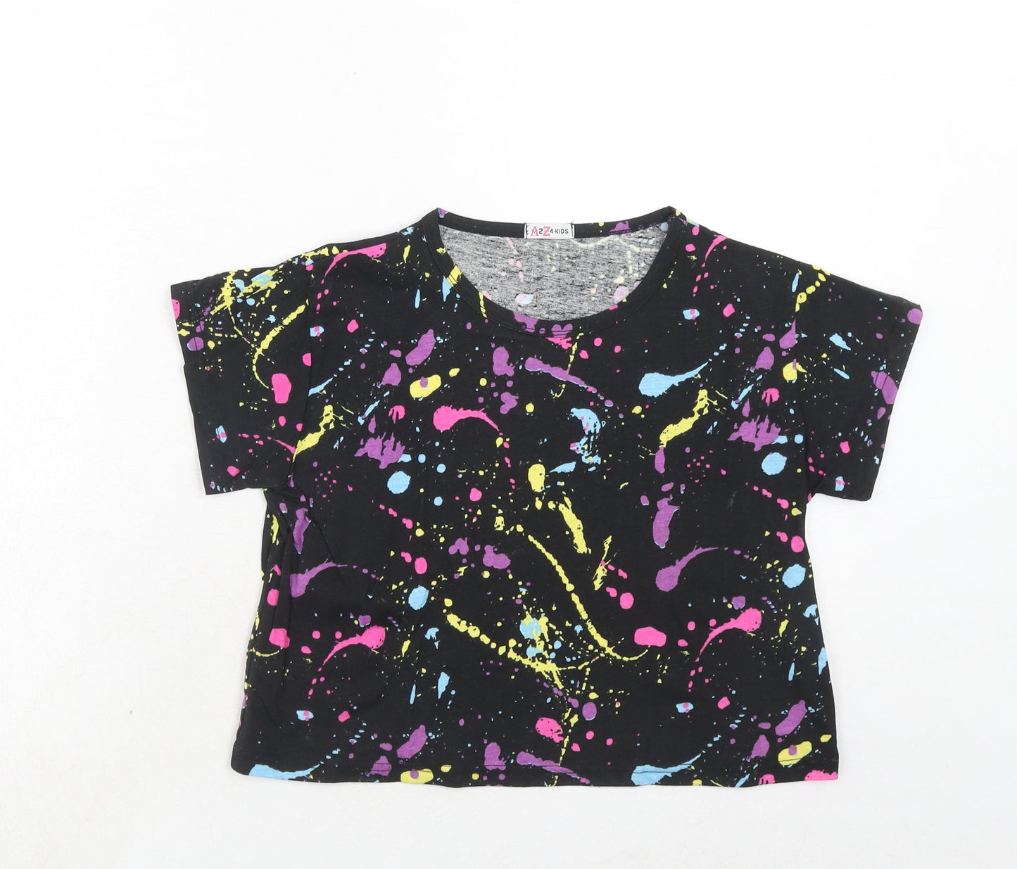 A2Z For Kids Girls Black Geometric Polyester Pullover T-Shirt Size 13 Years Boat Neck Pullover
