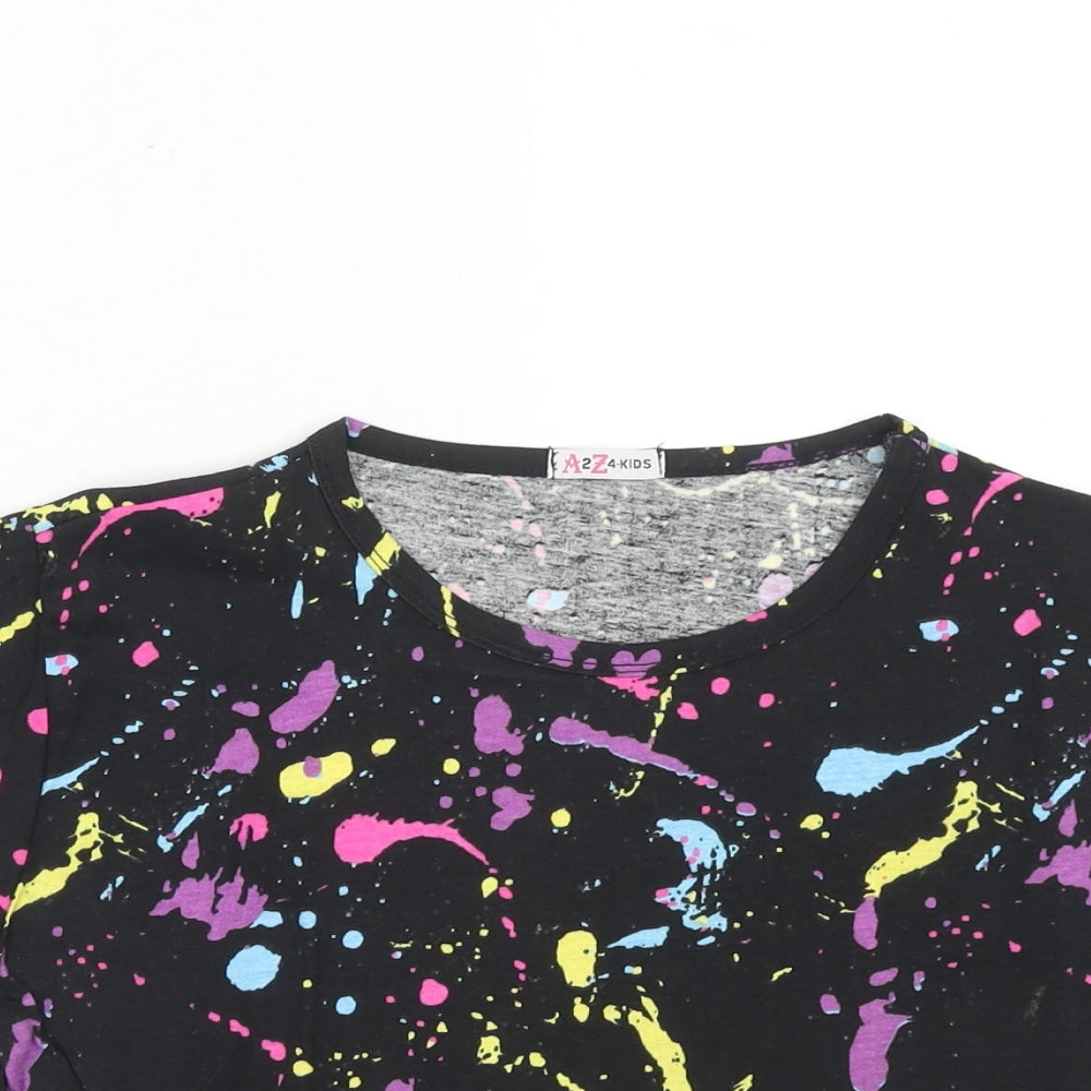 A2Z For Kids Girls Black Geometric Polyester Pullover T-Shirt Size 13 Years Boat Neck Pullover