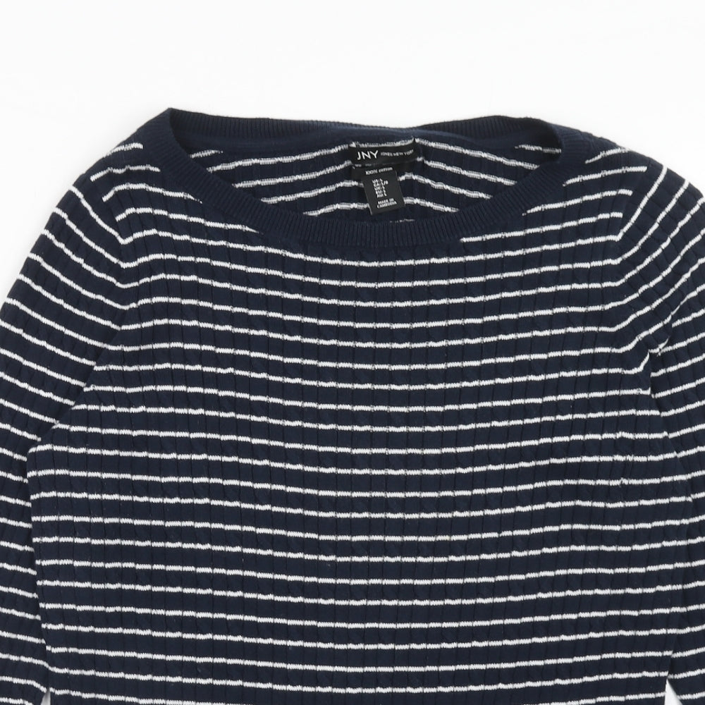 Jones New York Womens Blue Round Neck Striped Cotton Pullover Jumper Size L