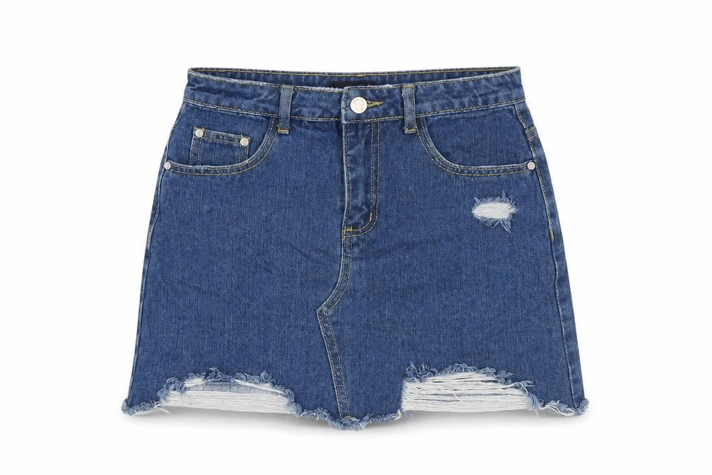 Front view of Missguided women’s blue cotton mini skirt, size UK 27, in zip
