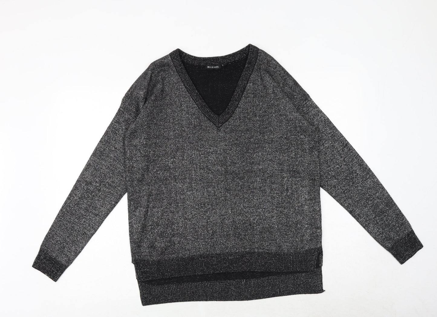 Brave Soul Womens Black V-Neck Geometric Acrylic Pullover Jumper Size 12