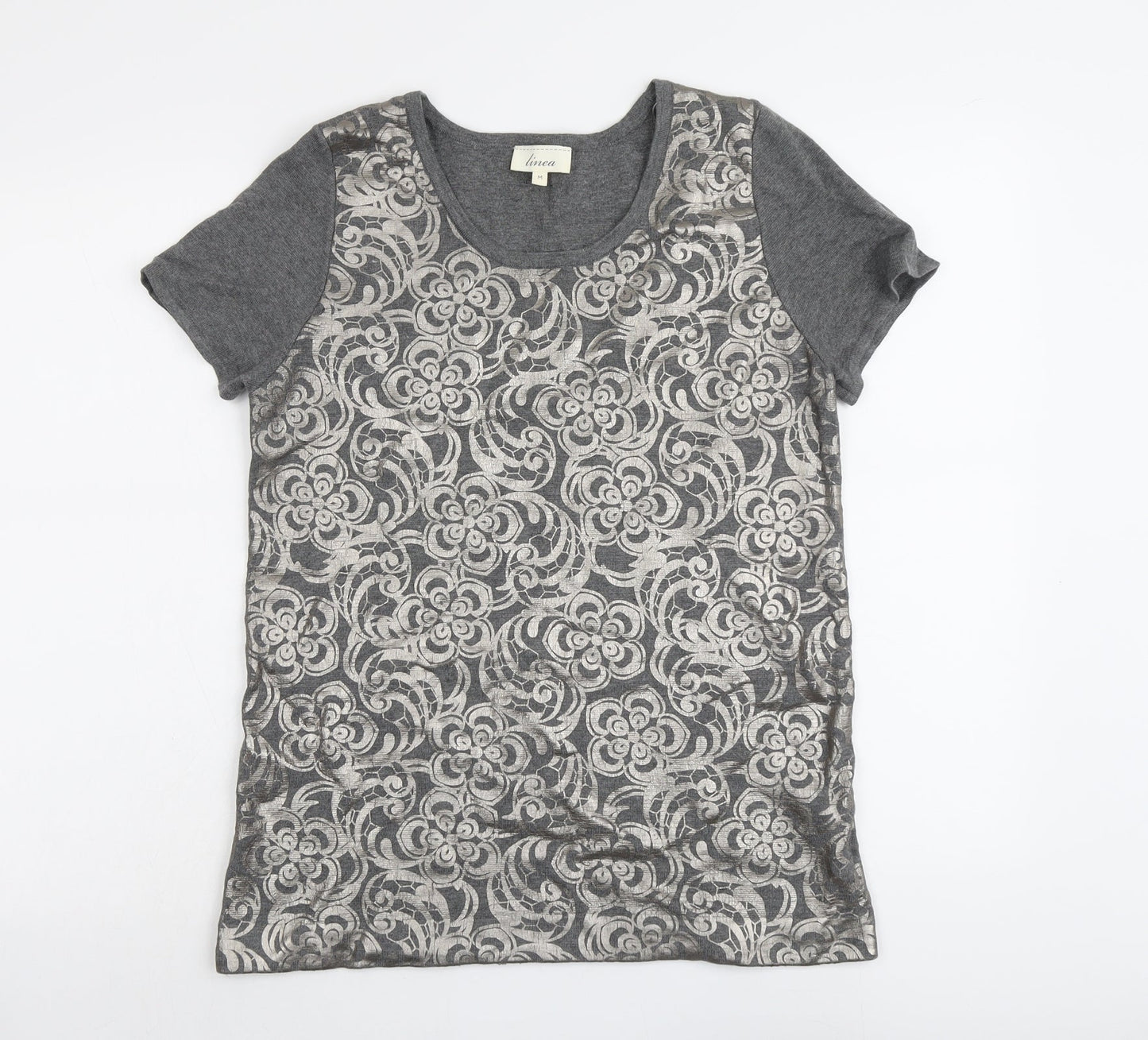 Linea Womens Grey Floral Viscose Basic T-Shirt Size M Scoop Neck
