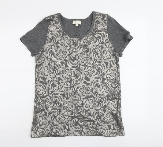Linea Womens Grey Floral Viscose Basic T-Shirt Size M Scoop Neck