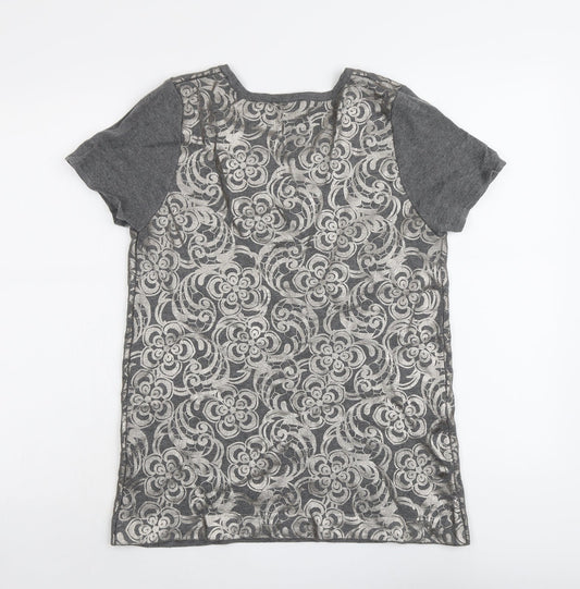 Linea Womens Grey Floral Viscose Basic T-Shirt Size M Scoop Neck
