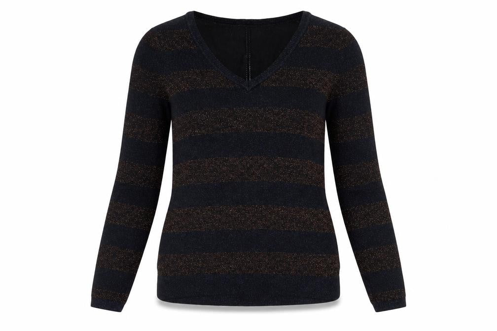 Front view of Nine by Savannah Miller women’s multicoloured v-neck striped viscose jumper, size UK 10