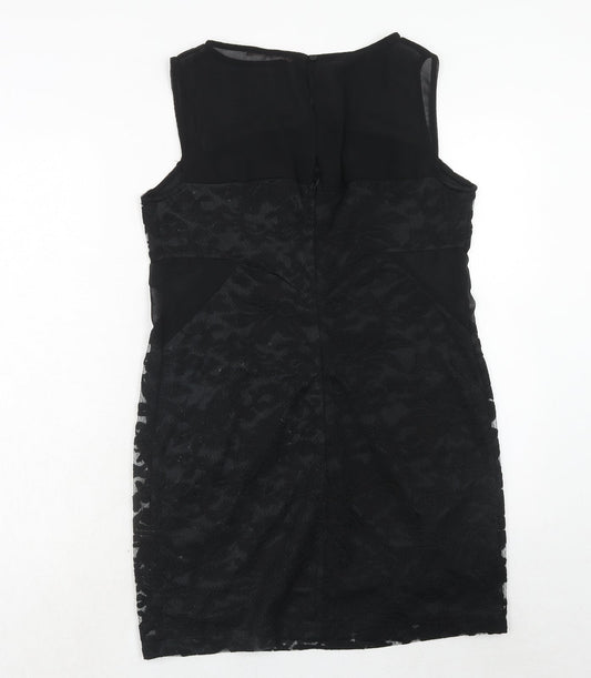 My Case Womens Black Geometric Polyester A-Line Size L Round Neck Button