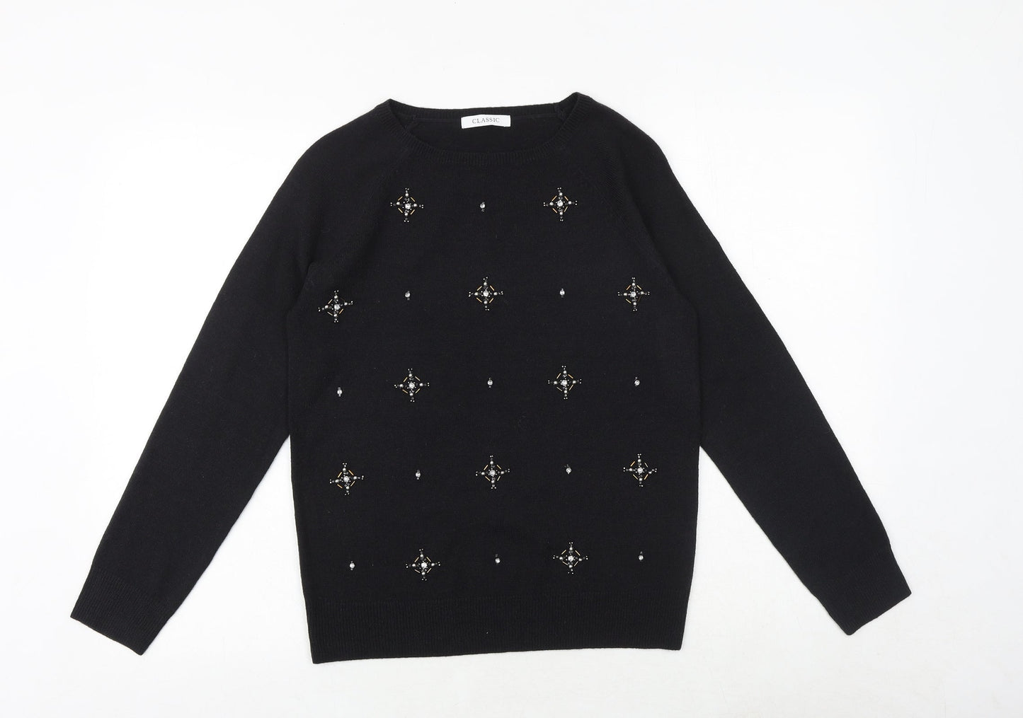 Marks and Spencer Womens Black Round Neck Geometric Acrylic Pullover Jumper Size 8