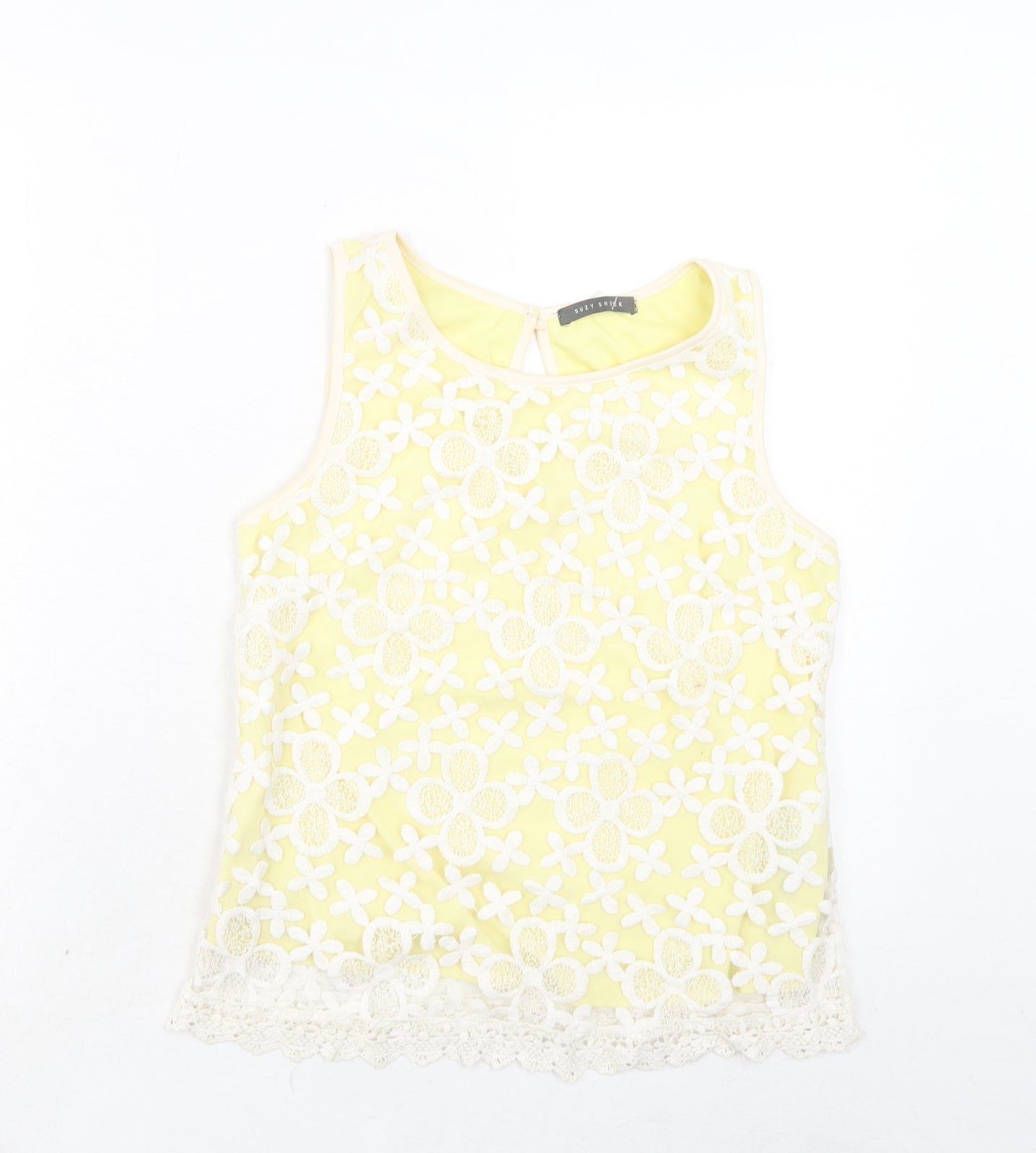 Suzy Shier Womens Yellow Geometric Cotton Basic Blouse Size M Boat Neck - Lace Overlay