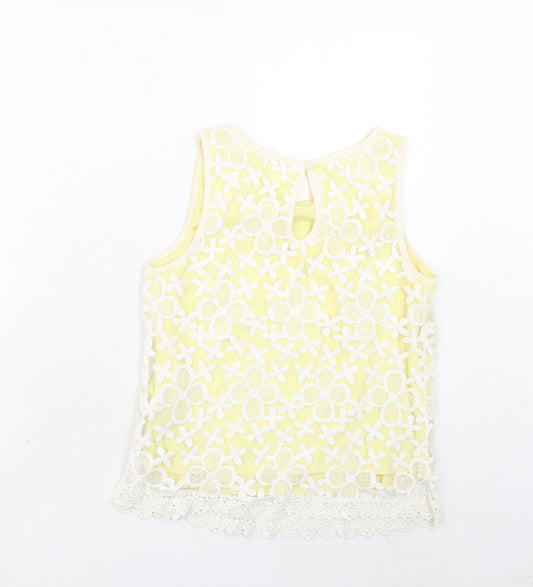 Suzy Shier Womens Yellow Geometric Cotton Basic Blouse Size M Boat Neck - Lace Overlay