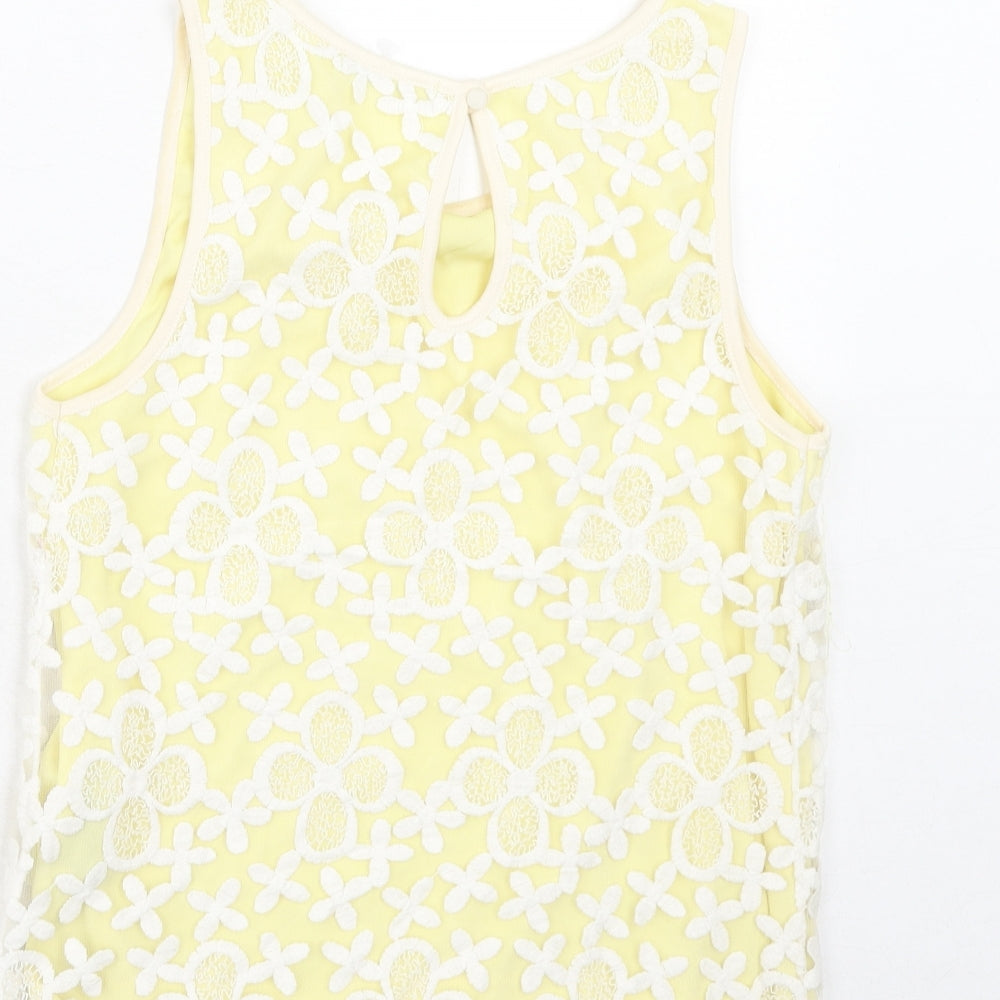 Suzy Shier Womens Yellow Geometric Cotton Basic Blouse Size M Boat Neck - Lace Overlay