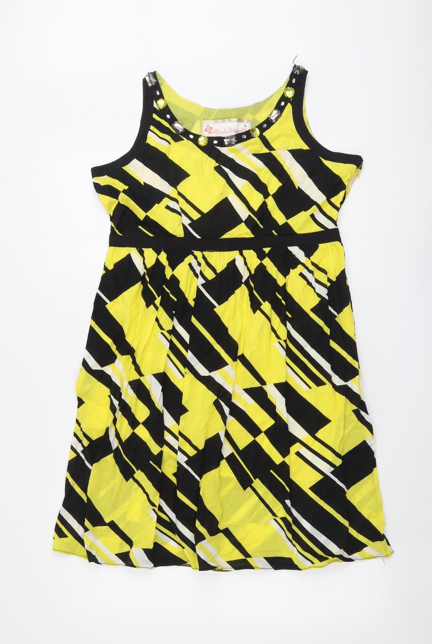 River Island Womens Yellow Geometric Cotton Tank Dress Size 12 Round Neck Zip