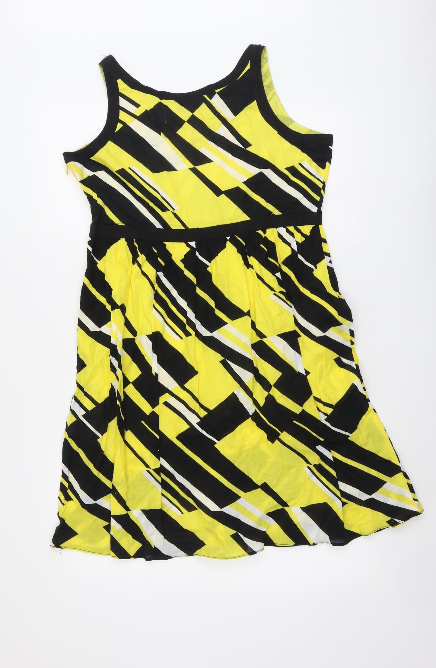 River Island Womens Yellow Geometric Cotton Tank Dress Size 12 Round Neck Zip