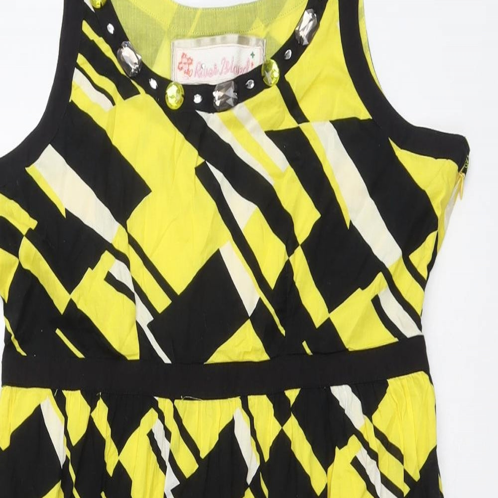 River Island Womens Yellow Geometric Cotton Tank Dress Size 12 Round Neck Zip