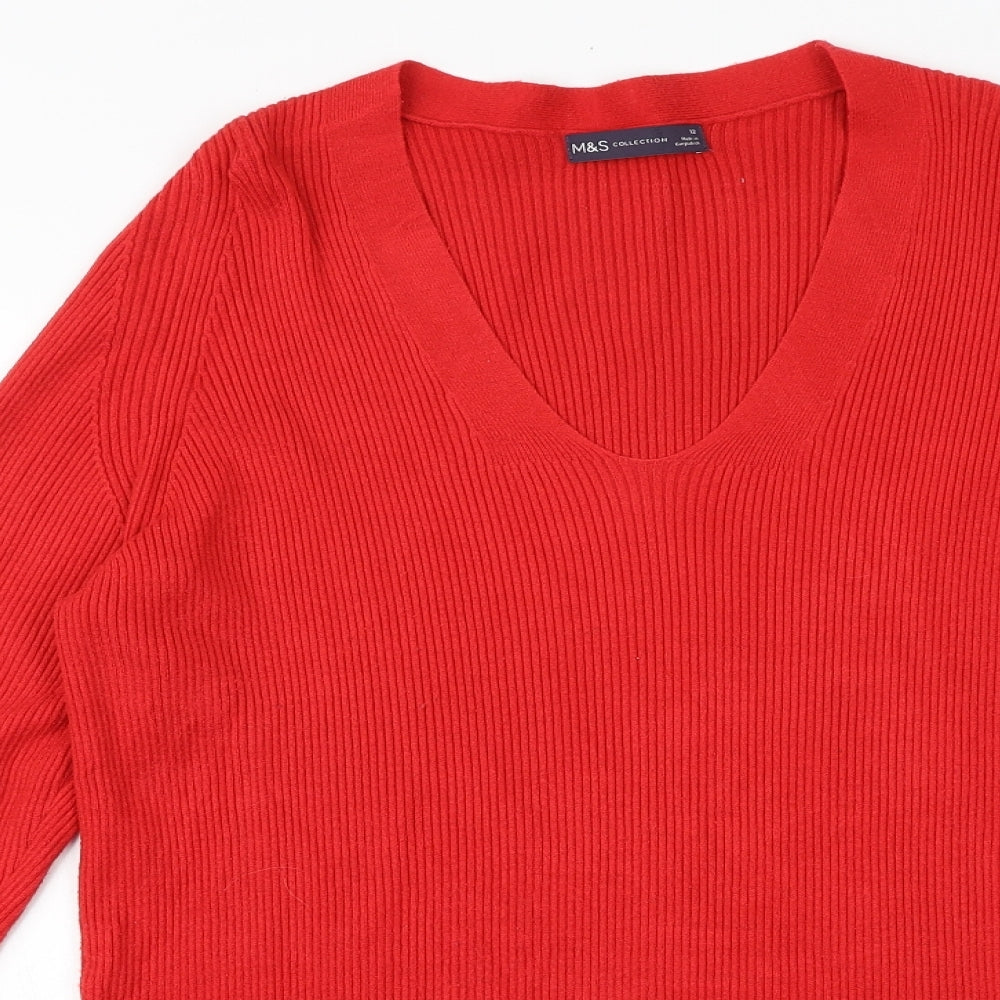 Marks and Spencer Womens Red V-Neck Viscose Pullover Jumper Size 12