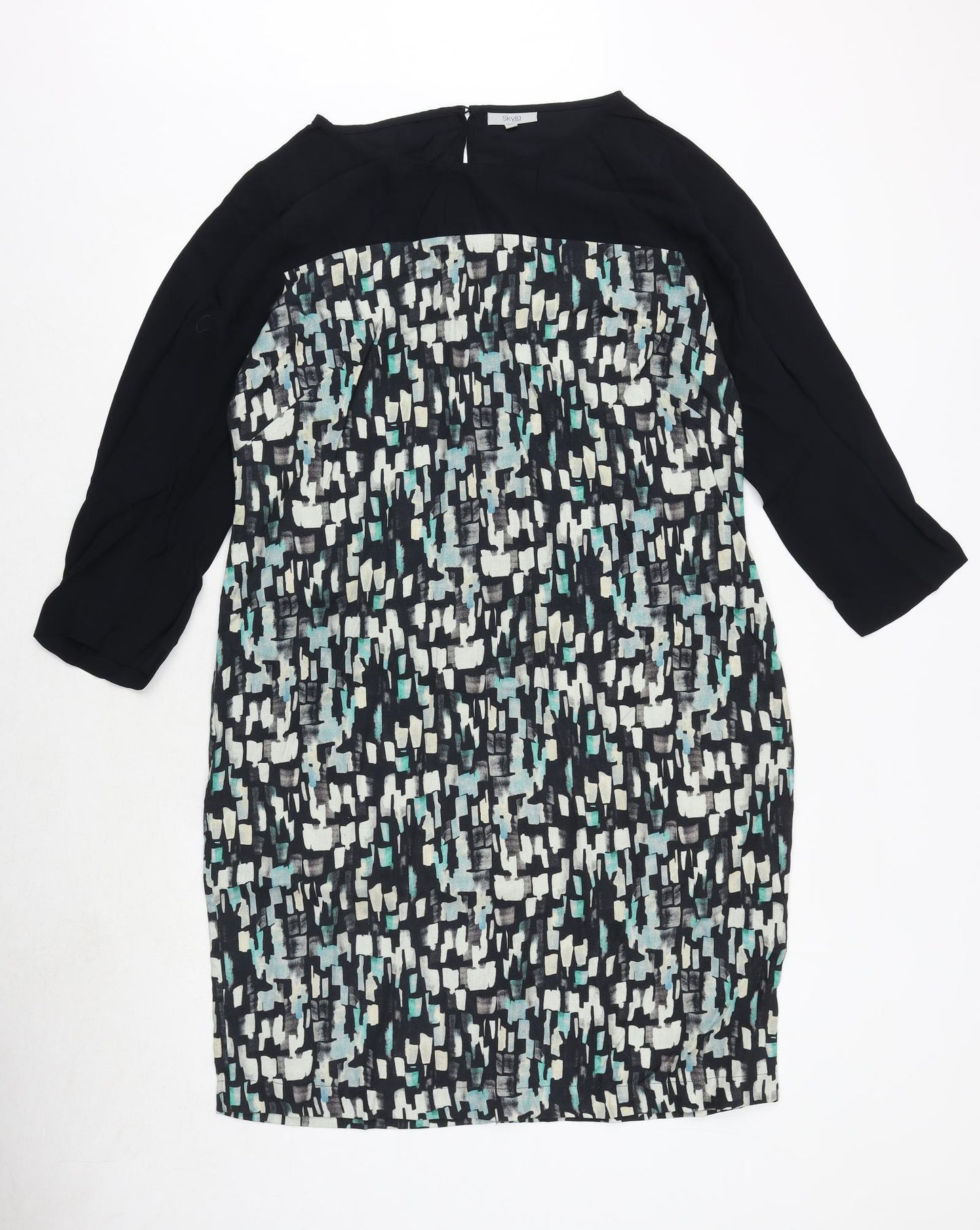 Skyla Womens Black Geometric Polyester A-Line Size L Round Neck Button