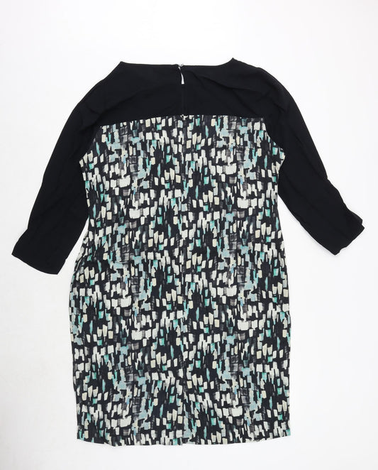 Skyla Womens Black Geometric Polyester A-Line Size L Round Neck Button