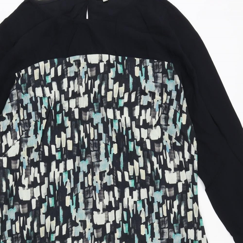 Skyla Womens Black Geometric Polyester A-Line Size L Round Neck Button