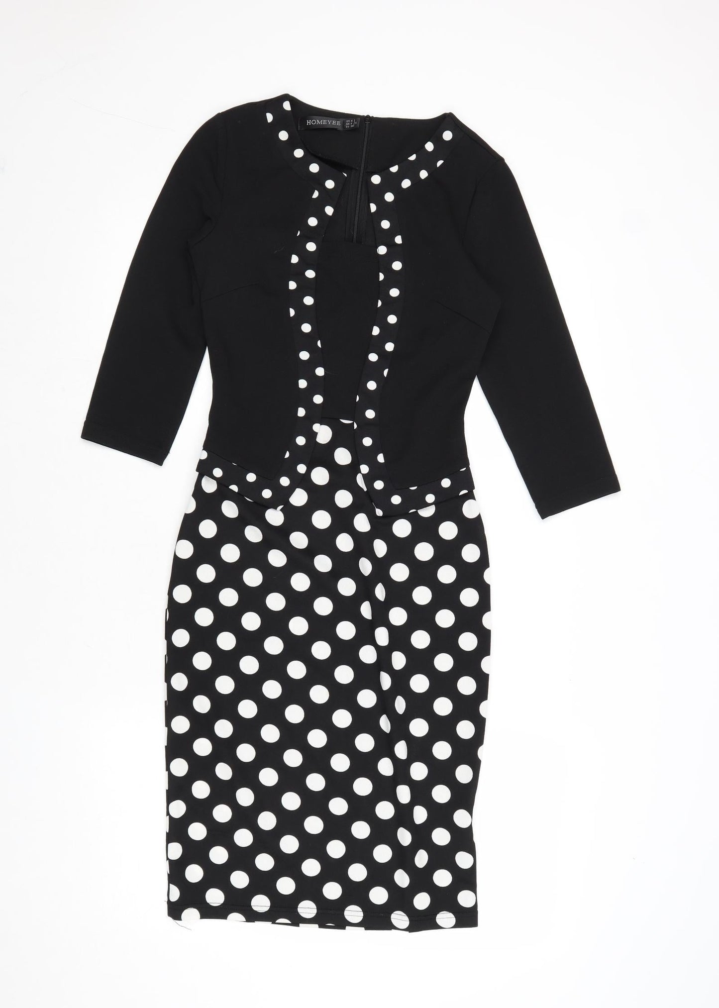 Homeyee Womens Black Polka Dot Polyester A-Line Size 8 Round Neck Zip